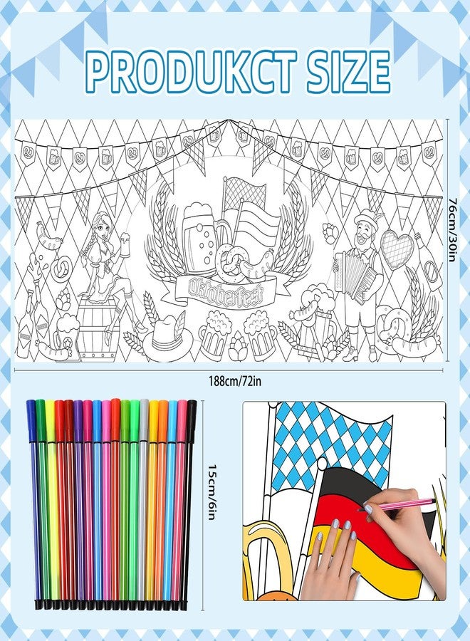 AUGSUN Oktoberfest Coloring Poster with 18 Pcs Paint Pens, Bavarian German Party Games Giant Poster Octoberfest Blue White Diamonds Checkered Beer Tablecloth for Party Decorations Supplies, 72 x 30 In - Image 2